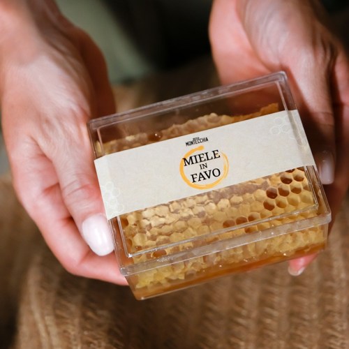 mano ragazza mostra la porzione di favo millefiori nella sua confezione a casa Montecchia a Teramo in Abruzzo