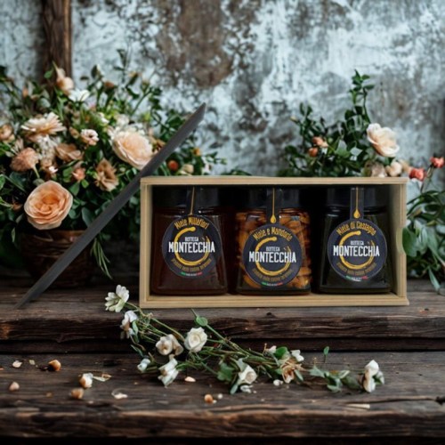woodbox aperta porta 3 barattoli miele 370ml idea regalo per il Natale e sorprese