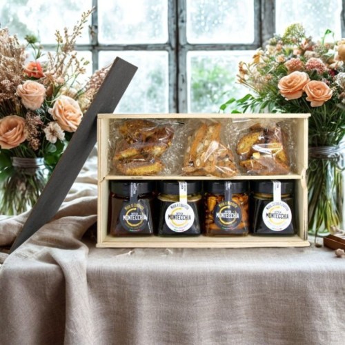 woodbox con 4 barattoli miele 110ml con biscotti artigianali abruzzesi idea regalo per il Natale e sorprese